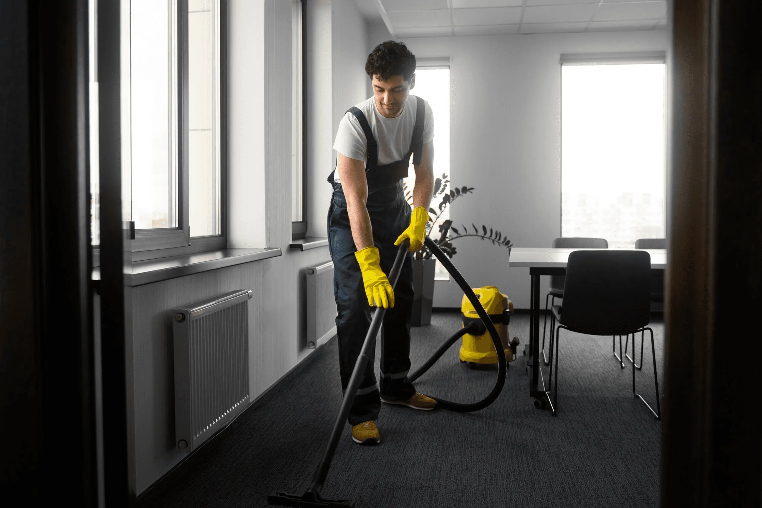 Cleaning professional mopping a workspace